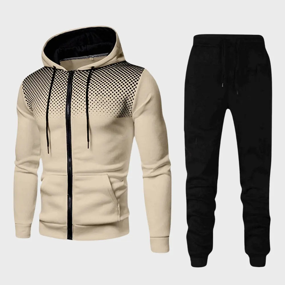 "Stilrent herrträningsset med hoodie och joggingbyxor, modern passform, mjukt material i trendiga färger."