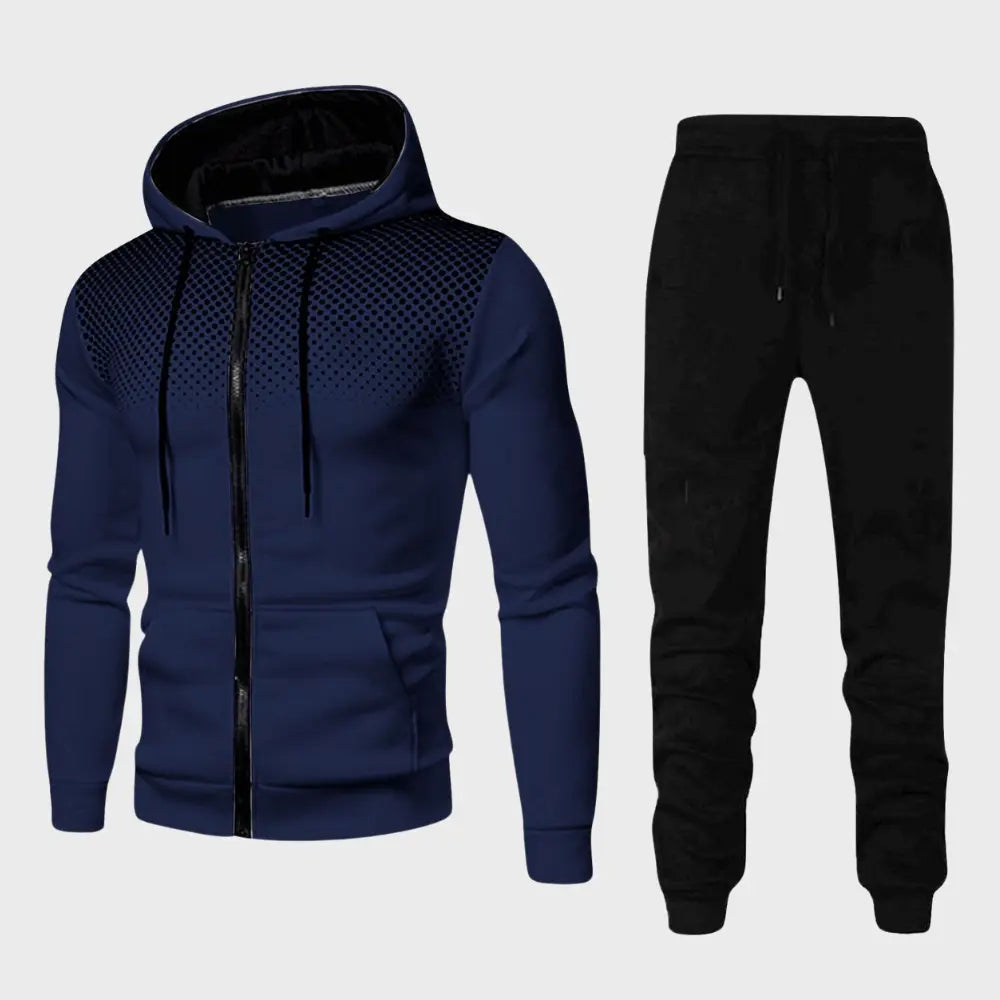 "Stilrent herrträningsset med hoodie och joggingbyxor, modern passform, mjukt material i trendiga färger."