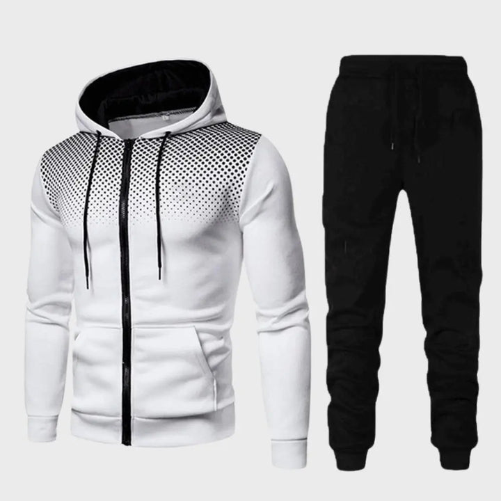 "Stilrent herrträningsset med hoodie och joggingbyxor, modern passform, mjukt material i trendiga färger."