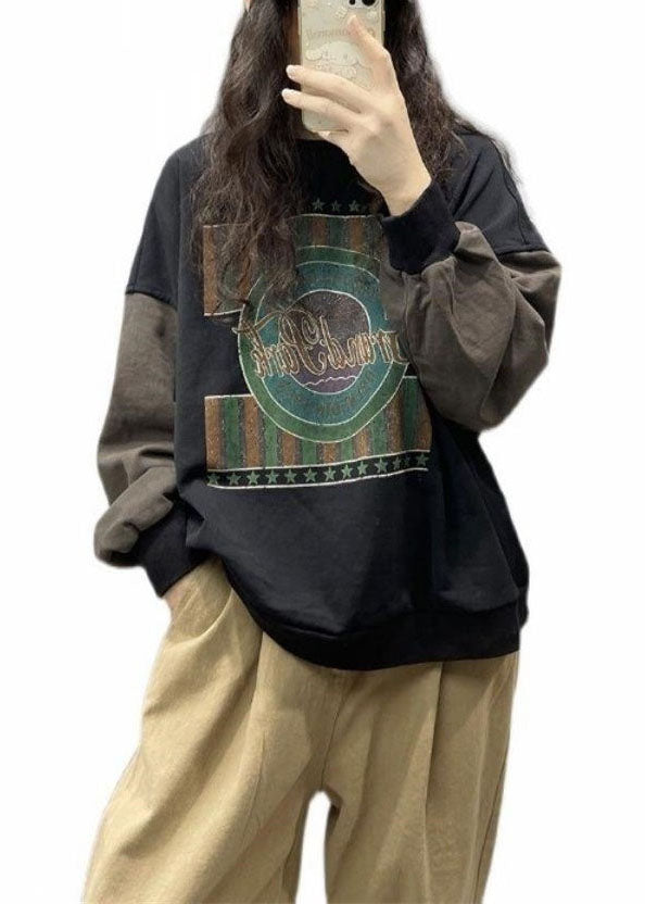 "Streetwear herrtröja med tryck, avslappnad passform, bomullsblandning, svart, unik design framtill, herrmode."