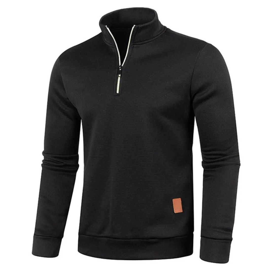 "Stylish herrpullover i tjockt tyg med halv dragkedja; turtleneck, enfärgad, långärmad för värme och komfort."