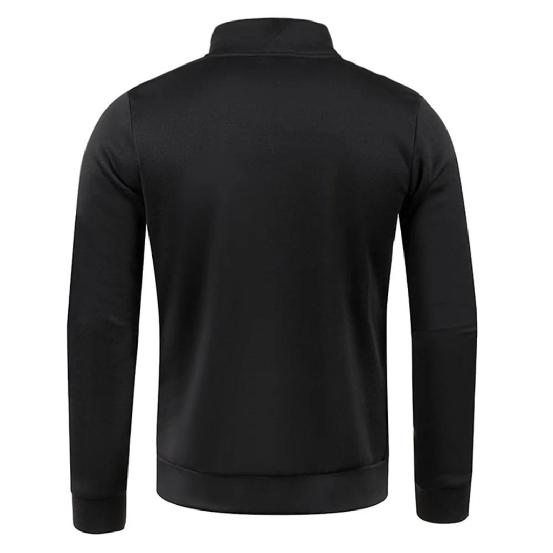 "Stylish herrpullover i tjockt tyg med halv dragkedja; turtleneck, enfärgad, långärmad för värme och komfort."