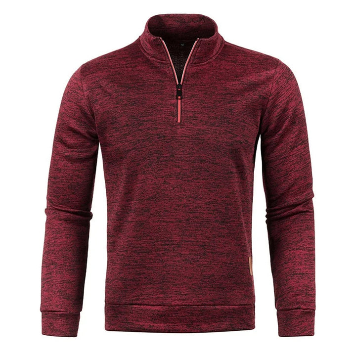 "Stylish herrpullover i tjockt tyg med halv dragkedja; turtleneck, enfärgad, långärmad för värme och komfort."