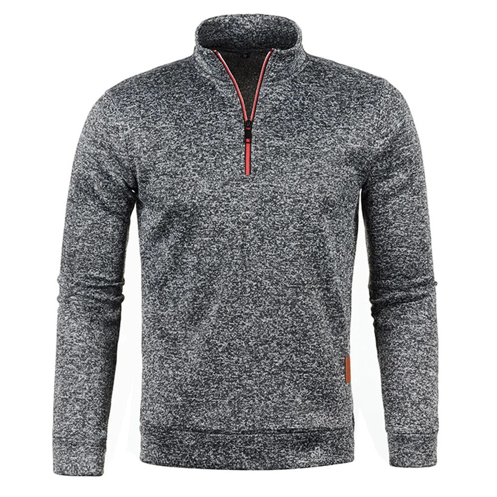"Stylish herrpullover i tjockt tyg med halv dragkedja; turtleneck, enfärgad, långärmad för värme och komfort."