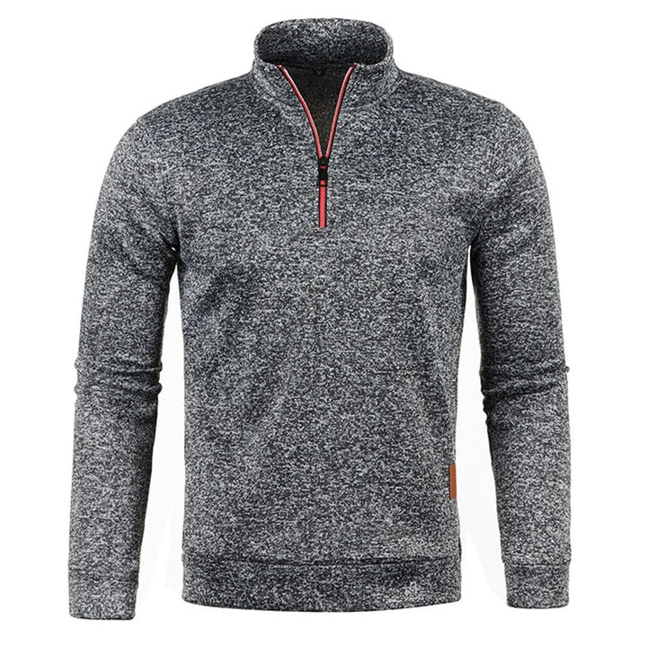 "Stylish herrpullover i tjockt tyg med halv dragkedja; turtleneck, enfärgad, långärmad för värme och komfort."