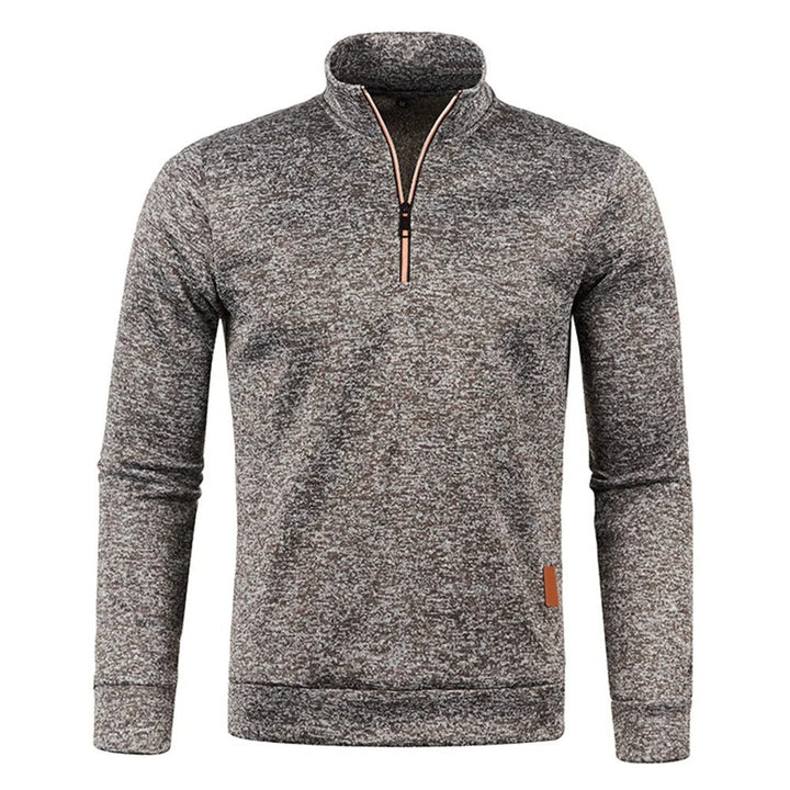 "Stylish herrpullover i tjockt tyg med halv dragkedja; turtleneck, enfärgad, långärmad för värme och komfort."