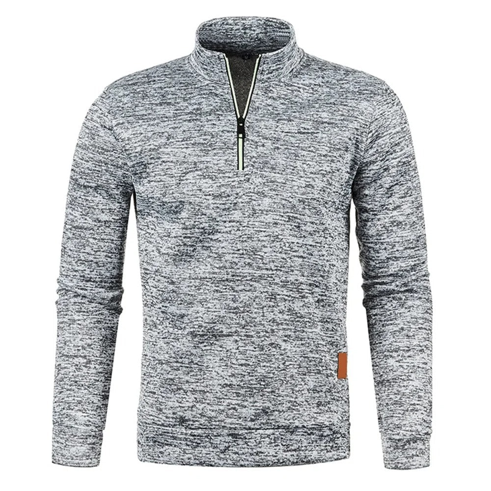 "Stylish herrpullover i tjockt tyg med halv dragkedja; turtleneck, enfärgad, långärmad för värme och komfort."