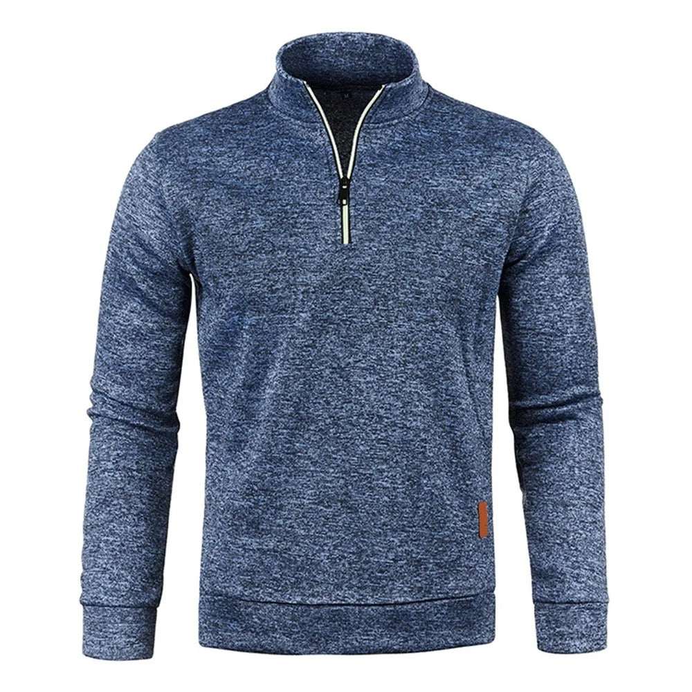 "Stylish herrpullover i tjockt tyg med halv dragkedja; turtleneck, enfärgad, långärmad för värme och komfort."