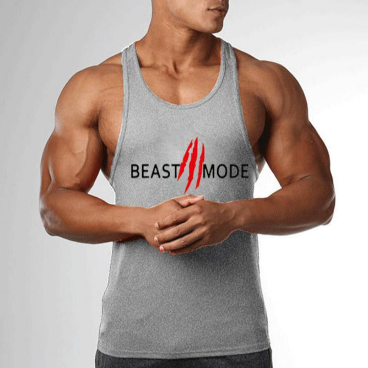 "Svart Beast Mode linne för gym, ärmlös med Y-formad rygg, framhäver muskulös fysik, perfekt för träning och avslappning."