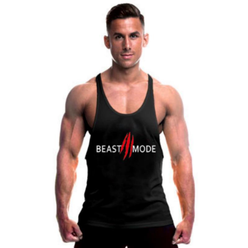 "Svart Beast Mode linne för gym, ärmlös med Y-formad rygg, framhäver muskulös fysik, perfekt för träning och avslappning."