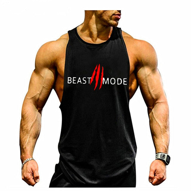 "Svart Beast Mode linne för gym, ärmlös med Y-formad rygg, framhäver muskulös fysik, perfekt för träning och avslappning."