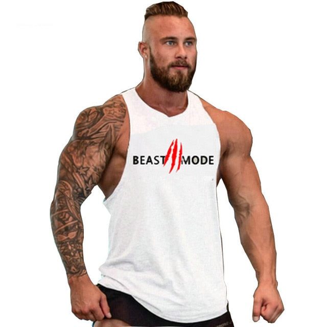 "Svart Beast Mode linne för gym, ärmlös med Y-formad rygg, framhäver muskulös fysik, perfekt för träning och avslappning."