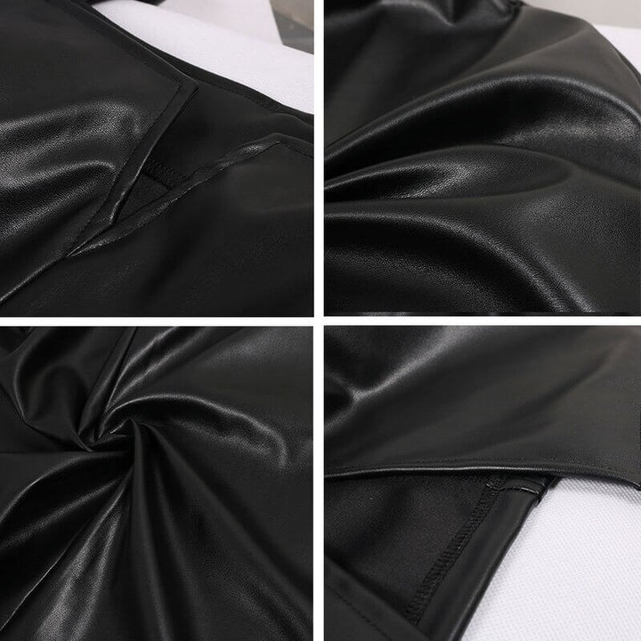"Svart bodycon klänning i PU-läder för kvinnor, figursydd passform med båtringning och metallisk yta, elegant look."