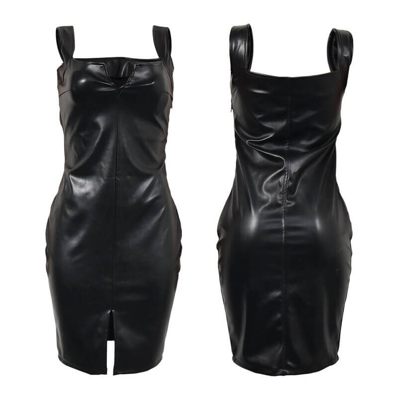 "Svart bodycon klänning i PU-läder för kvinnor, figursydd passform med båtringning och metallisk yta, elegant look."