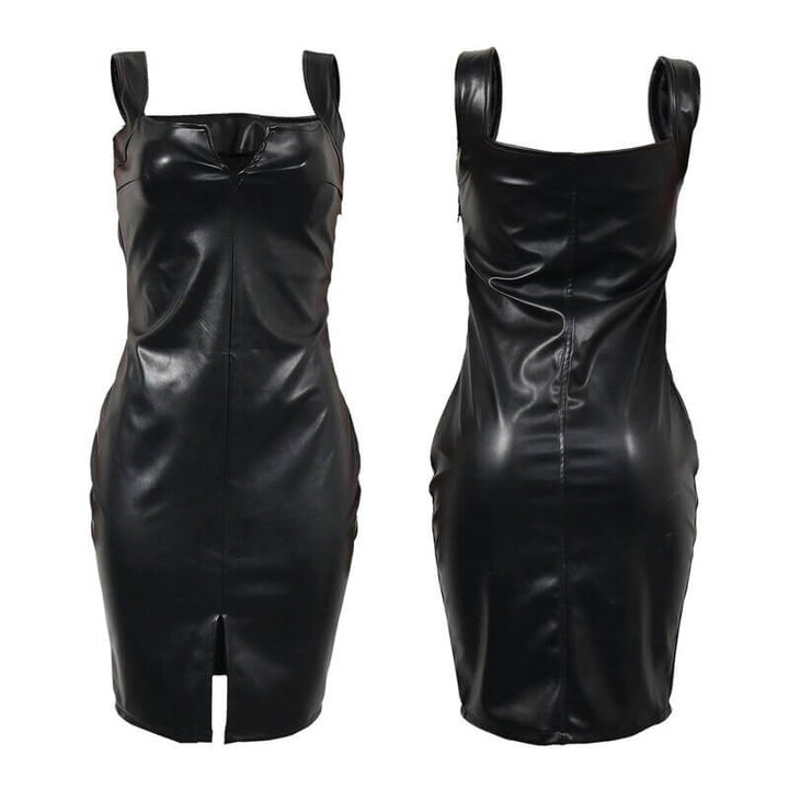"Svart bodycon klänning i PU-läder för kvinnor, figursydd passform med båtringning och metallisk yta, elegant look."