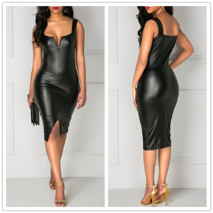 "Svart bodycon klänning i PU-läder för kvinnor, figursydd passform med båtringning och metallisk yta, elegant look."