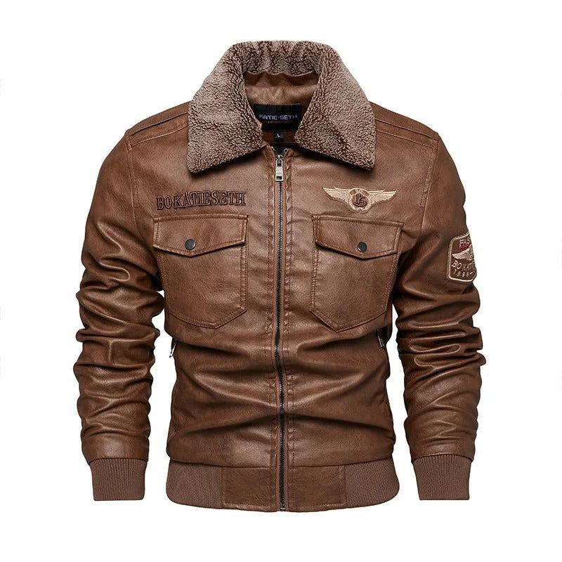 Herr vinter bikerjacka i kaffe-PU-läder med isolerat foder och broderade detaljer, stilren och hållbar design.