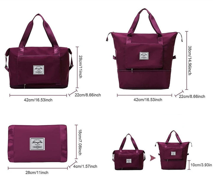 "Svart, hopfällbar vattentät resväska i oxford-tyg, många fickor, perfekt för resor, stilfull och praktisk design."