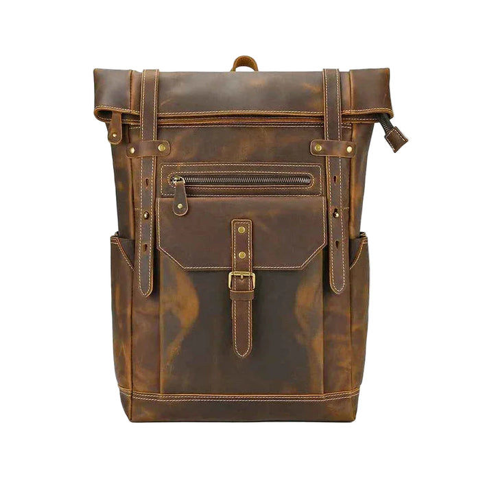 Svart läderryggsäck för män med vintage-stil, ergonomiska remmar och praktiska fack, perfekt för äventyr.