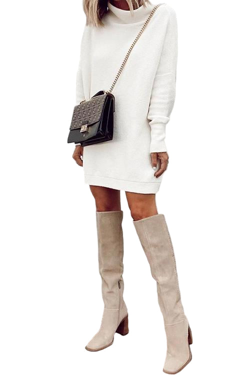 "Svart miniklänning med mockneck och långärmade drop shoulders, elegant design för stil och komfort i olika tillfällen."