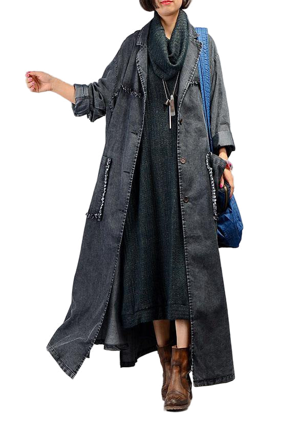 Svart och blå maxikappa för kvinnor med stora fickor, elegant snitt och plus size-passform, perfekt för höst och vinter.