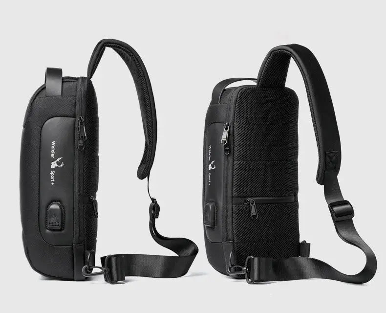 "Svart stöldskyddande axelväska med USB för män och kvinnor, vattentätt Oxford-tyg, justerbara remmar, elegant design."