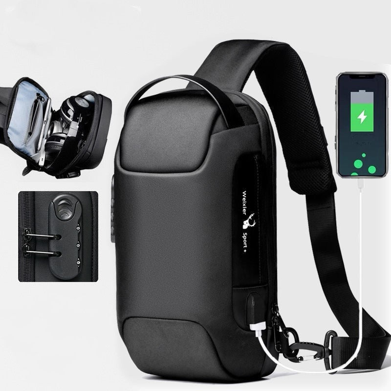 "Svart stöldskyddande axelväska med USB för män och kvinnor, vattentätt Oxford-tyg, justerbara remmar, elegant design."