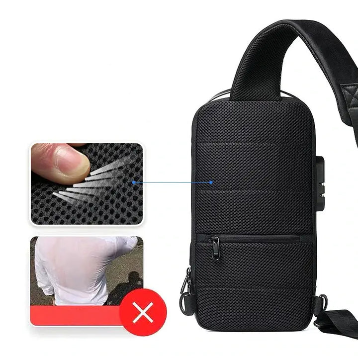 "Svart stöldskyddande axelväska med USB för män och kvinnor, vattentätt Oxford-tyg, justerbara remmar, elegant design."