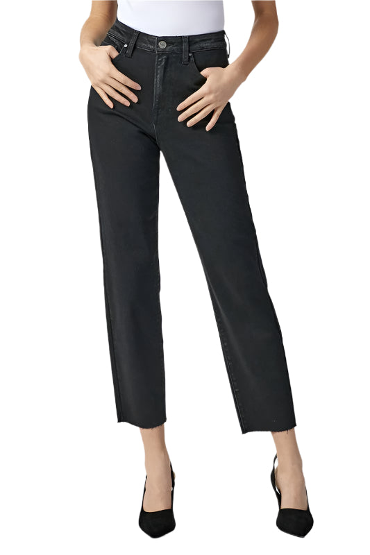 "Svarta mom fit jeans med hög midja, tvättade för trendig stil, dambyxor i 100% bomull för komfort och elegans."