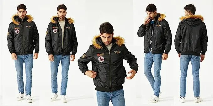 "Tjock plysch bomberjacka för män med huva, beige färg, quiltad yta, med pälskant för modern stil."