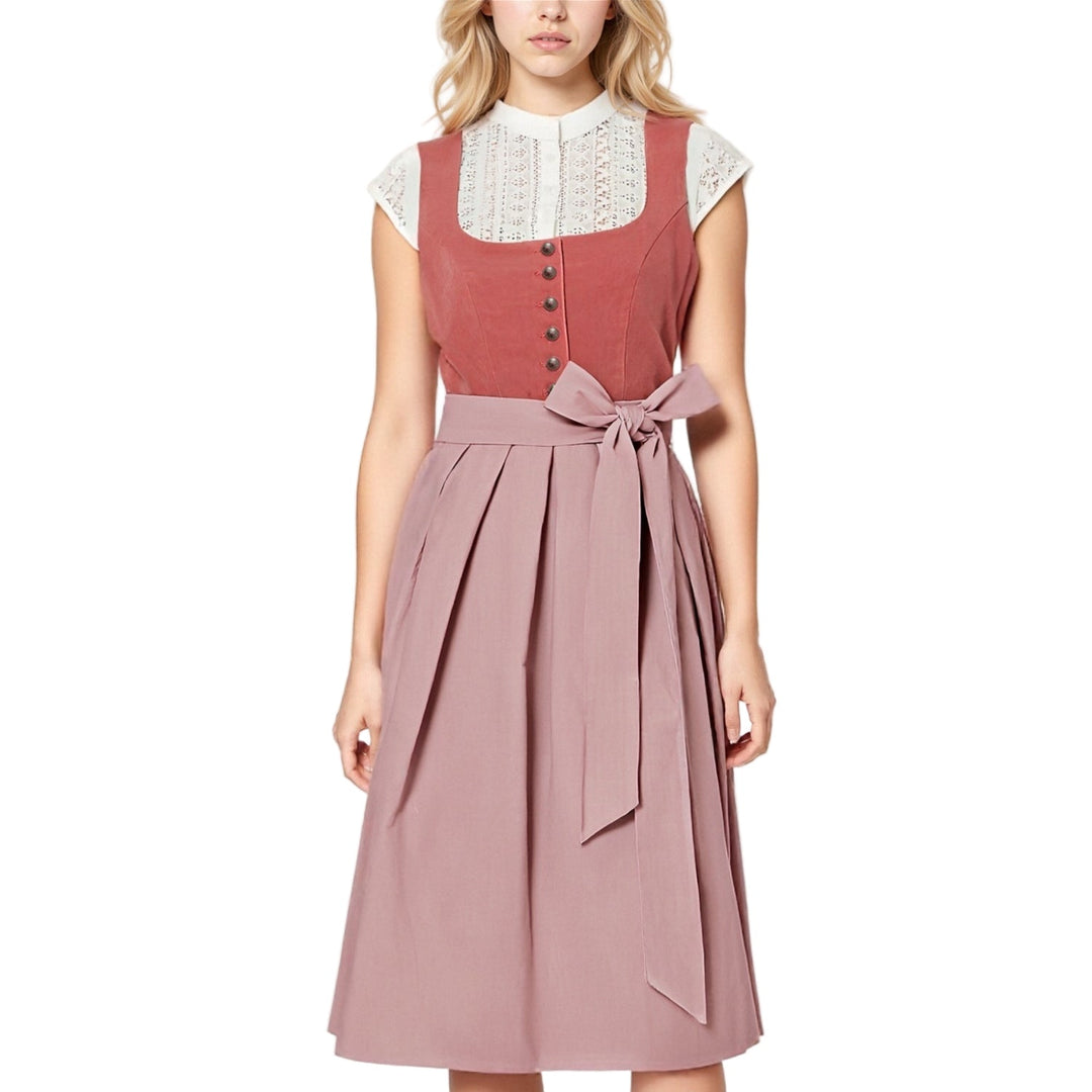 "Traditionell damdirndlklänning med elegant schürze, veckad kjol och ärmlöst design för Oktoberfest och kulturella evenemang.