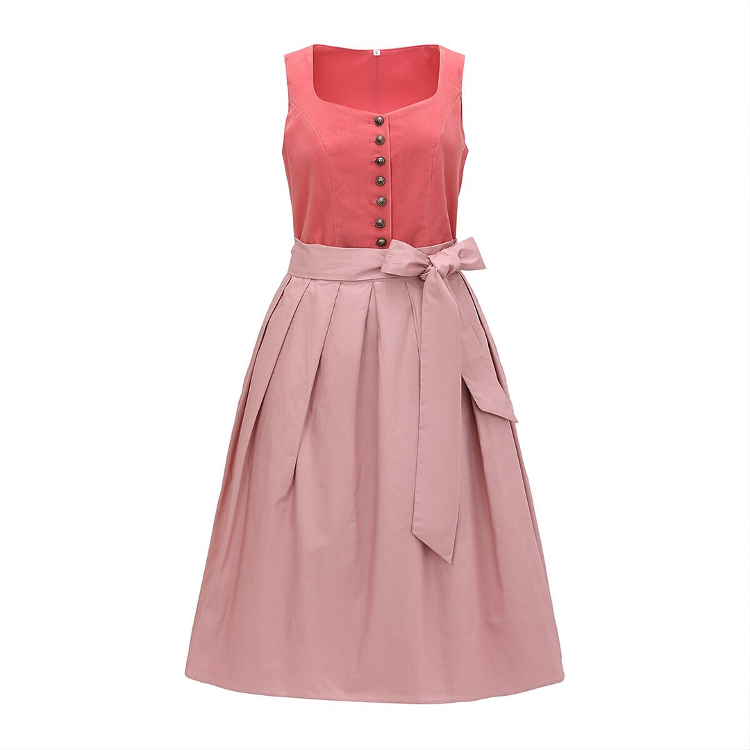 "Traditionell damdirndlklänning med elegant schürze, veckad kjol och ärmlöst design för Oktoberfest och kulturella evenemang.