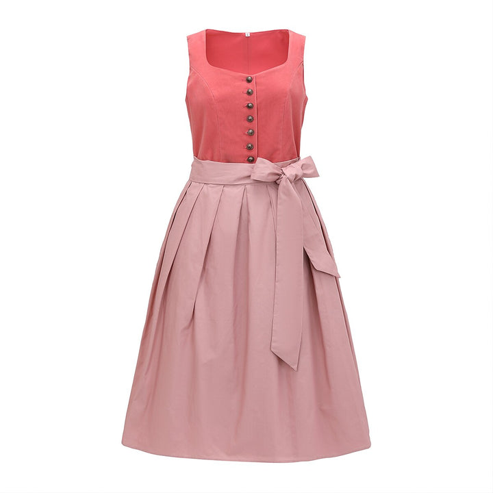 "Traditionell damdirndlklänning med elegant schürze, veckad kjol och ärmlöst design för Oktoberfest och kulturella evenemang.