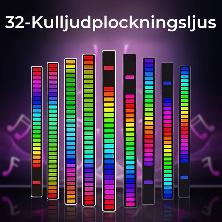 "Trådlös ljudaktiverad RGB ljuslist i svart, reagerar på musik med färgat sken och skapar dynamisk atmosfär."