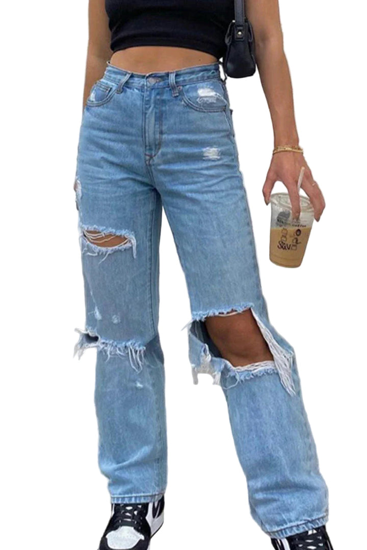 "Trendiga kvinnors blå hög midja jeans, figurnära passform, smickrande silhuett."