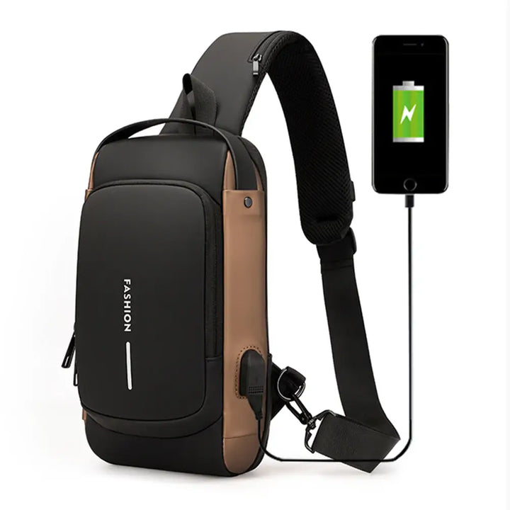 "USB-laddning crossbody väska för män, stilfull med flera fickor i slitstarkt, vattenavvisande PU-läder."