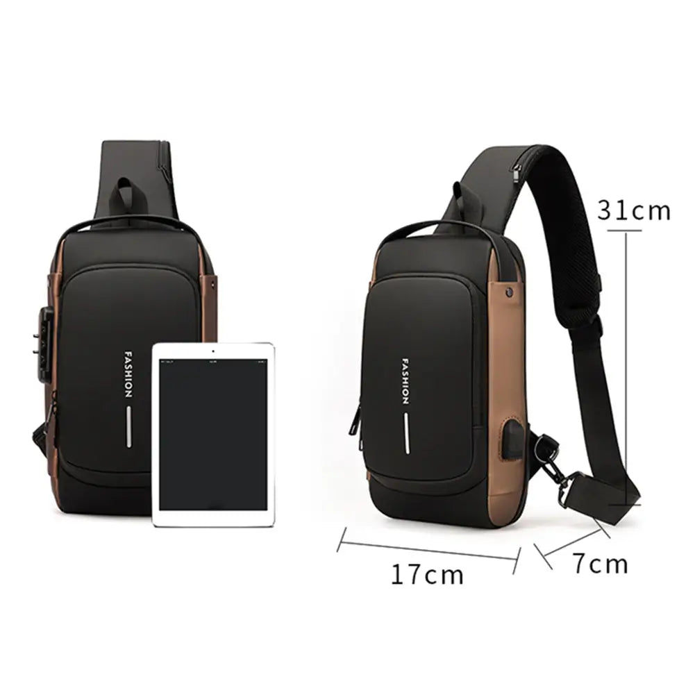 "USB-laddning crossbody väska för män, stilfull med flera fickor i slitstarkt, vattenavvisande PU-läder."