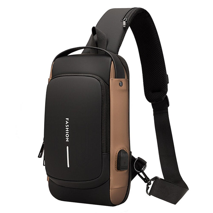"USB-laddning crossbody väska för män, stilfull med flera fickor i slitstarkt, vattenavvisande PU-läder."