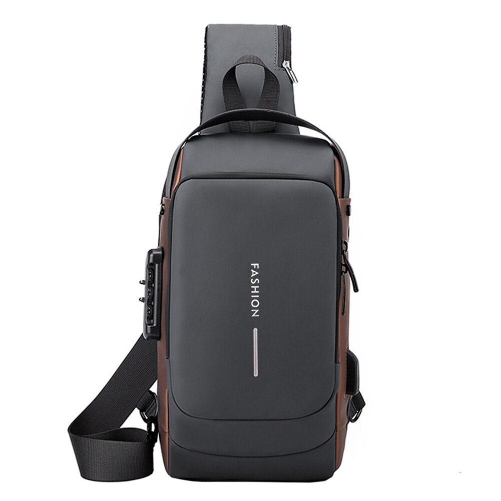 "USB-laddning crossbody väska för män, stilfull med flera fickor i slitstarkt, vattenavvisande PU-läder."