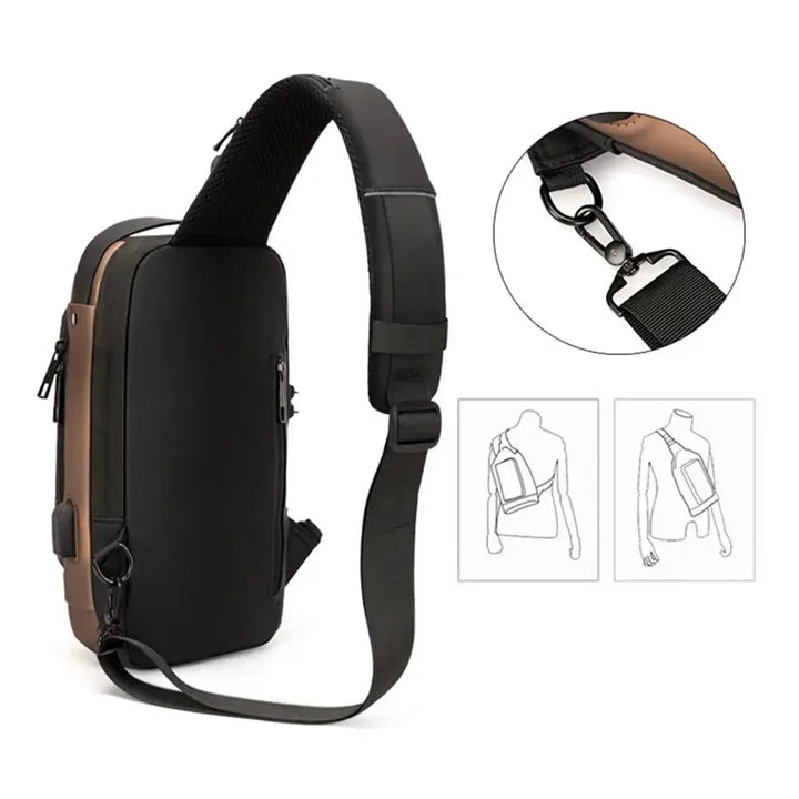 "USB-laddning crossbody väska för män, stilfull med flera fickor i slitstarkt, vattenavvisande PU-läder."
