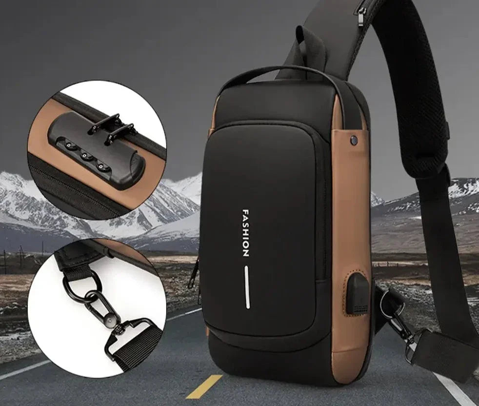 "USB-laddning crossbody väska för män, stilfull med flera fickor i slitstarkt, vattenavvisande PU-läder."