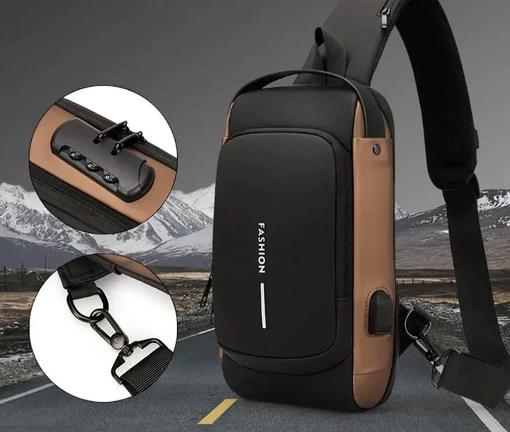 "USB-laddning crossbody väska för män, stilfull med flera fickor i slitstarkt, vattenavvisande PU-läder."
