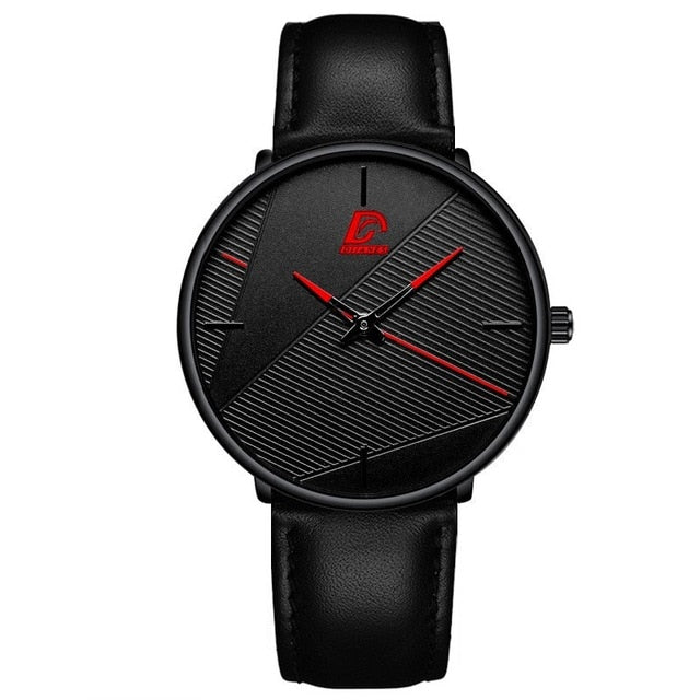 "Ultratunn herrklocka med modern minimalistisk design, läderband och rostfritt stål, elegant accessoar för alla tillfällen."