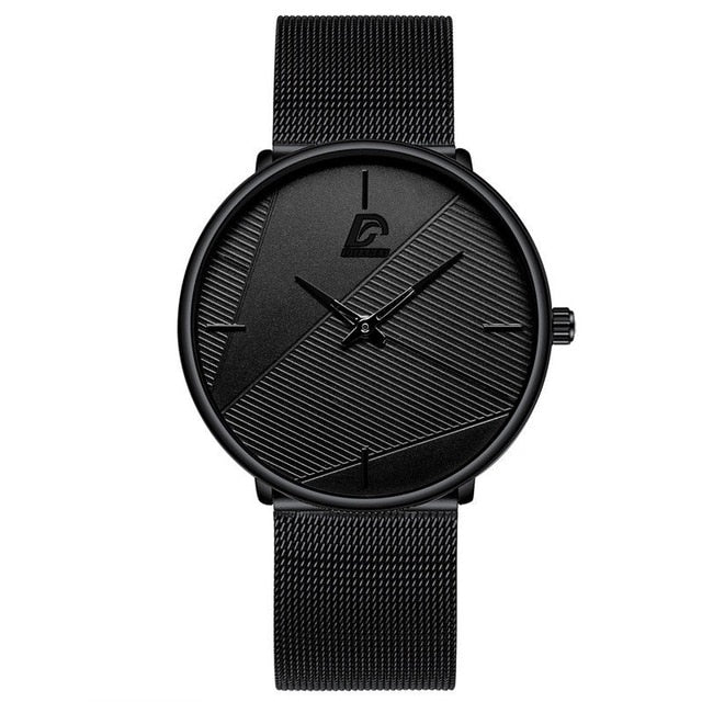 "Ultratunn herrklocka med modern minimalistisk design, läderband och rostfritt stål, elegant accessoar för alla tillfällen."