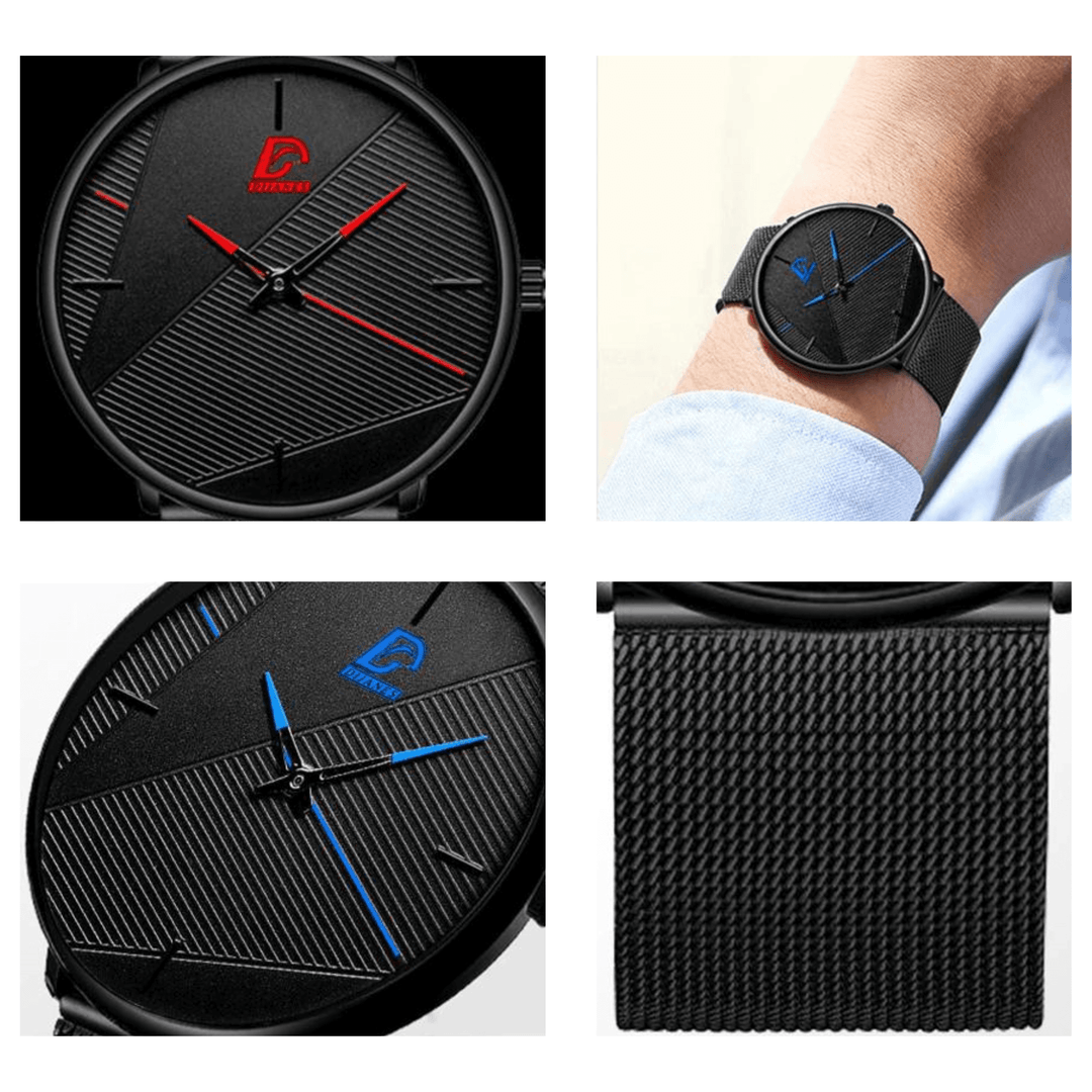"Ultratunn herrklocka med modern minimalistisk design, läderband och rostfritt stål, elegant accessoar för alla tillfällen."