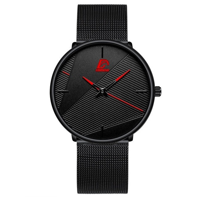 "Ultratunn herrklocka med modern minimalistisk design, läderband och rostfritt stål, elegant accessoar för alla tillfällen."