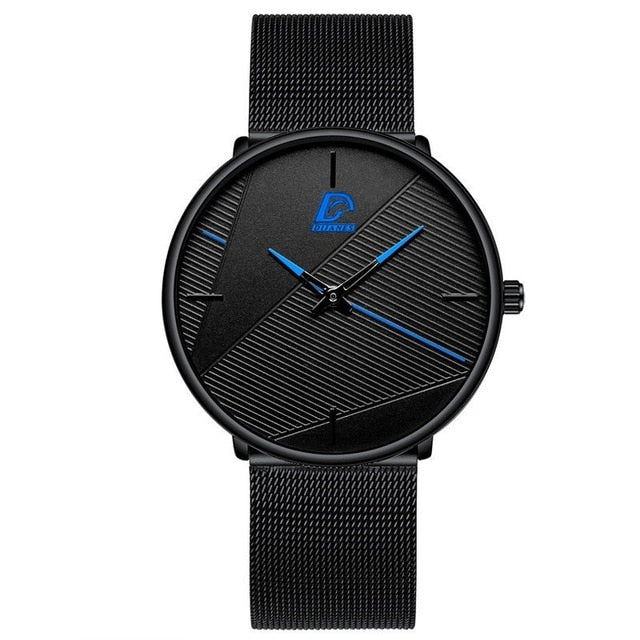 "Ultratunn herrklocka med modern minimalistisk design, läderband och rostfritt stål, elegant accessoar för alla tillfällen."