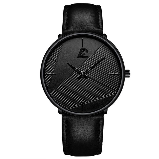 "Ultratunn herrklocka med modern minimalistisk design, läderband och rostfritt stål, elegant accessoar för alla tillfällen."