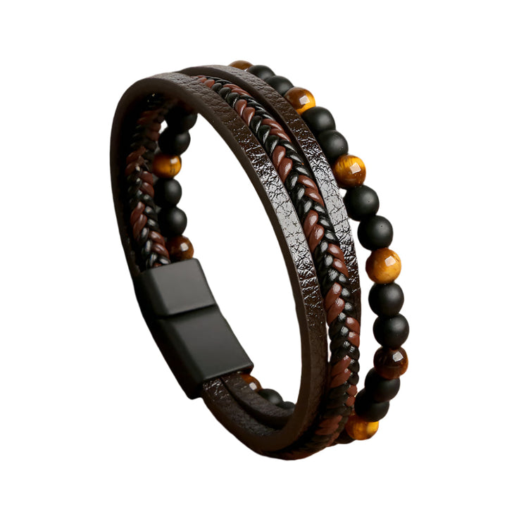 "Unisex armband set i flätat konstläder med pärlband, elegant accessoar i svart och brunt för alla tillfällen."