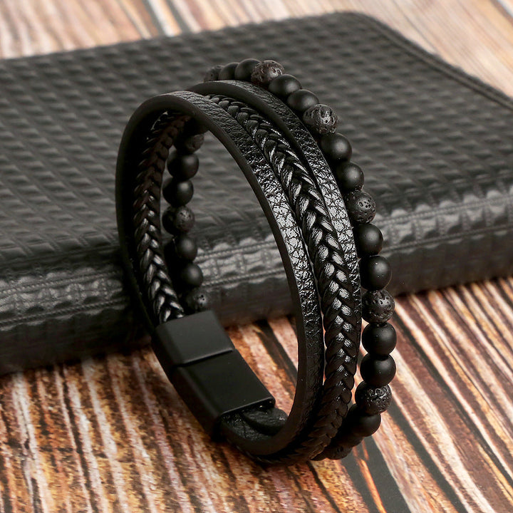 "Unisex armband set i flätat konstläder med pärlband, elegant accessoar i svart och brunt för alla tillfällen."